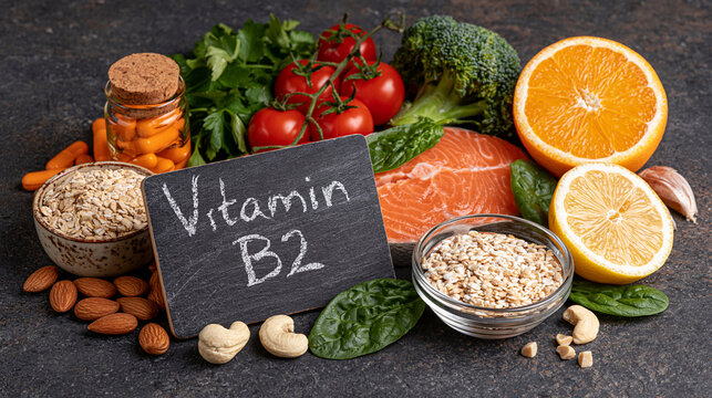 A variety of healthy food sources rich in vitamin B2 arranged on a dark background. Ideal for nutrition and wellness dietary concept campaigns.