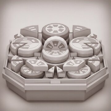 Monochromatic 3D render of a low poly cheese display counter showcasing cheese wheels and wedges