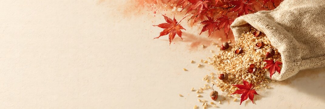 Autumn harvest banner of a burlap sack spilling oat and barley grain, hazelnuts and red maple leaves on cream paper, warm light with copy space for fall menu