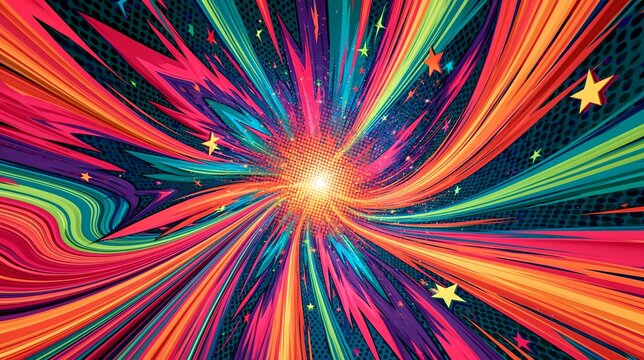 Comic pop art radial burst with colorful rays, yellow stars and halftone dots, dynamic energy explosion backdrop for poster, banner, wallpaper and presentation