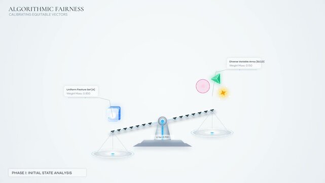 Animation illustrating algorithmic fairness and bias mitigation protocol where an artificial intelligence calibrates a scale to balance uniform features with diverse variable arrays for equity
