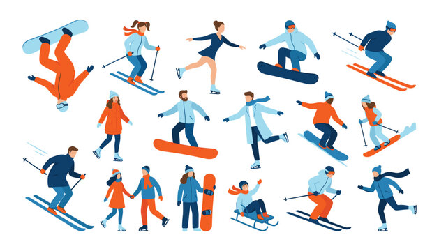 Flat design winter sports and outdoor activities people characters set vector illustration collection for alpine resort holiday advertising layout