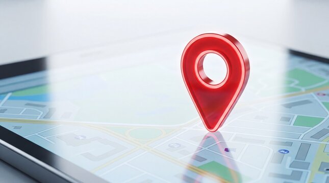 Red location pin marks a destination on a digital map. Roads and buildings appear on a tablet screen. Concept for GPS navigation, travel, and local search.