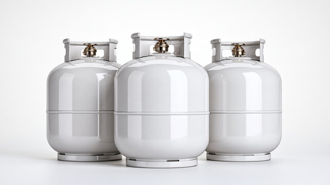 Three white propane gas cylinders stand isolated on white background, illuminated in bright studio light. Ideal concept for industrial energy supply and fuel storage.