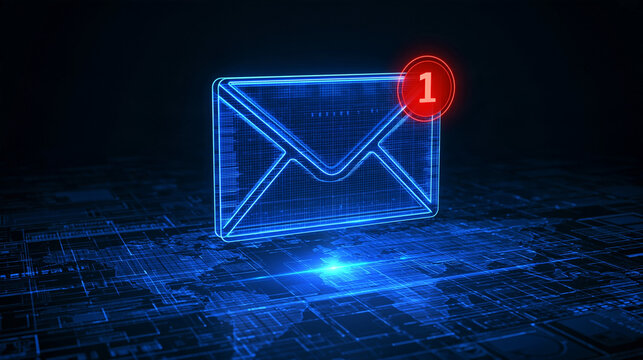 A glowing blue holographic email icon with a red notification alert floats above a digital tech grid. Ideal for cybersecurity and digital communication concepts.