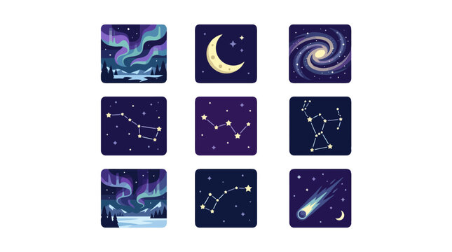 A collection of nine square icons depicting various celestial phenomena and constellations against a dark night sky.