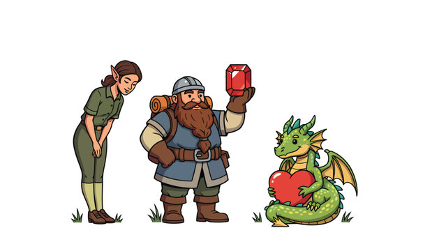 A friendly dragon offers a heart to a dwarf, while an elf looks on with curiosity.