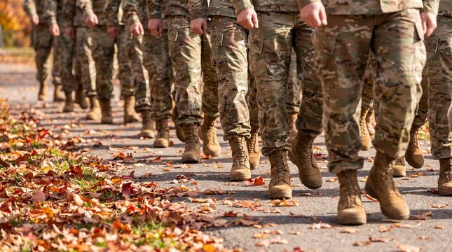Soldiers march along a forest path in camouflage uniforms and boots. Autumn leaves and warm sunlight create a seasonal setting. Military training and teamwork concept.