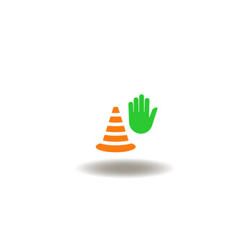 Vector illustration of traffic cone and hand stop gesture. Symbol of pitfalls avoiding.