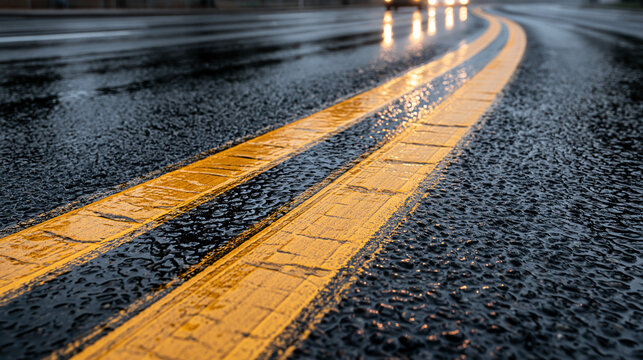 Wet asphalt road with yellow lane lines reflecting headlights in the evening. Safe driving concept for transportation ads.