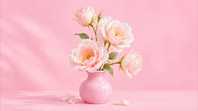 Pale pink flowers in a round vase against a pink background