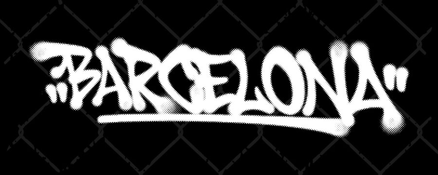 Barcelona graffiti tag with halftone spray paint texture and grunge street art style, bringing expressive urban lettering inspired by the Catalan capital to creative design projects.
