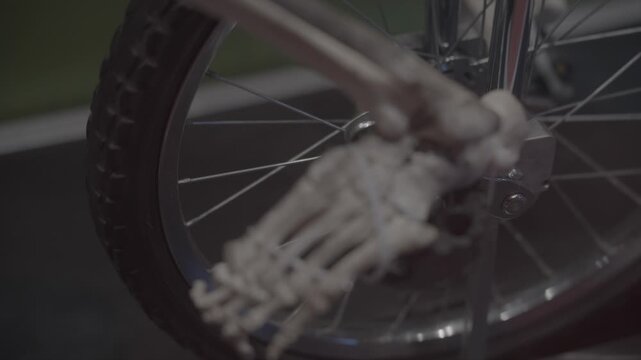 A surreal, close-up shot of an eerie skeleton leg and bony feet pedaling a bicycle, causing the wheel to spin rapidly. This macabre, gothic concept blends motion with a spooky undead theme.