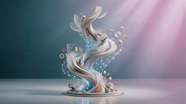 Abstract 3d glassware sculpture with floating ice cubes and steam in modern studio lighting