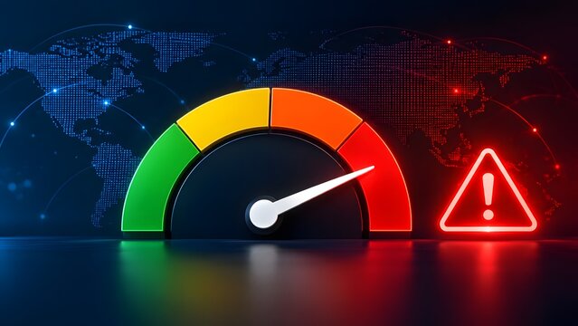 Critical global network performance gauge hitting maximum red overload limit alongside a digital warning alert triangle for international cybersecurity threats