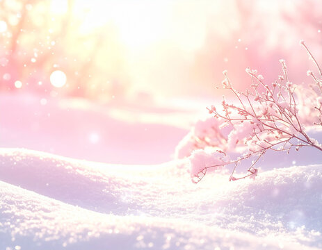 雪に覆われた冬の枝と柔らかな光が差し込む幻想的で美しい雪原の景色　右側に文字入れ用の広いコピースペースを確保した淡いピンクと白のグラデーションが映える静かな背景素材　冬のイベント告知チラシやクリスマスカードのデザイン、ホームページのバナー、SNS投稿の背景、プレゼン資料や年賀状の装飾に使える高画質な画像