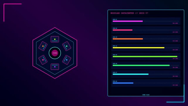 A modular datacenter interface displays animated progress bars beside glowing geometric nodes providing digital server monitoring statistics within a dark cyber space visual graphic overlay design