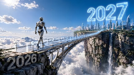 Fototapeta premium Professional climber stepping onto suspension bridge with futuristic year display in mountainous terrain