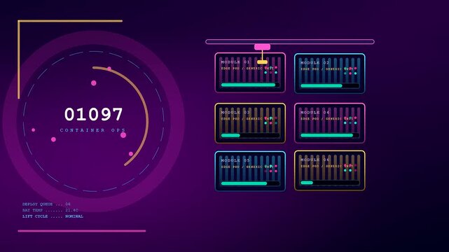 A modular datacenter interface displays animated progress bars and circular numeric telemetry modules evolving across three sequential panels of dark purple digital user experience software screens