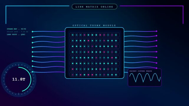 A modular datacenter visual interface displays real time network throughput statistics across three distinct panel views featuring glowing nodes and dynamic blue wave signal patterns
