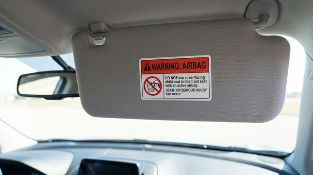 Airbag warning label on a cars sun visor. The sticker advises against using rear-facing child seats in the front. This essential safety message helps prevent serious injuries.