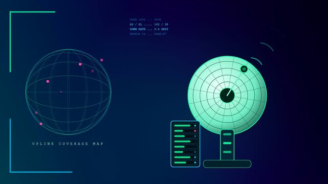 A modular datacenter displays shifting digital sphere maps on a dark screen with glowing interface elements representing signal transmission and network connectivity during routine analytical scans
