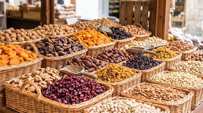 Baskets of dried fruit, dates, nuts, and seeds fill a market stall. Wooden scoops highlight the rustic display. A healthy food concept for cooking and nutrition.