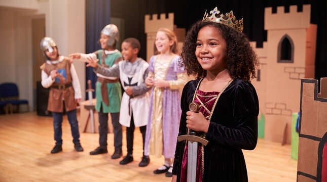 Black girl dressed as a queen holds a sword at a childrens theater performance. Young actors in medieval costumes perform before a castle backdrop. Learning concept.