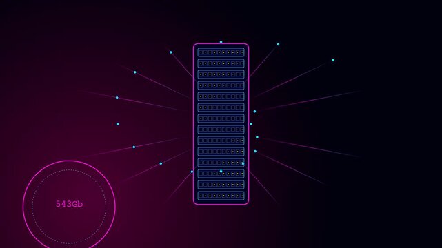 a modular datacenter display presenting active server storage units with glowing nodes and purple interface circles flowing through a dark environment to visualize modern network operations
