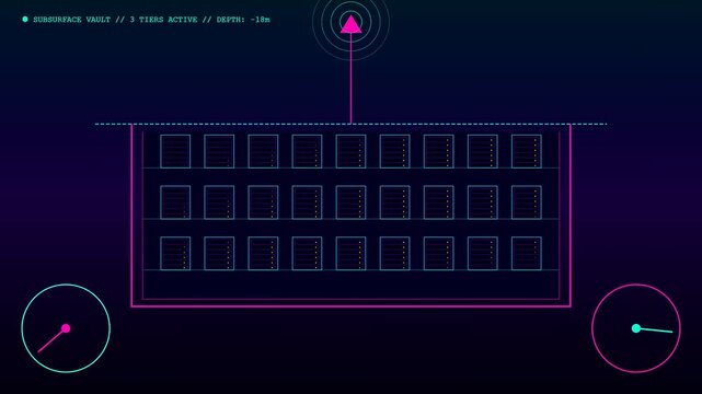 A modular datacenter system interface displays underground server storage tiers with glowing graphical indicators that pulse rhythmically across a dark purple digital screen workspace environment