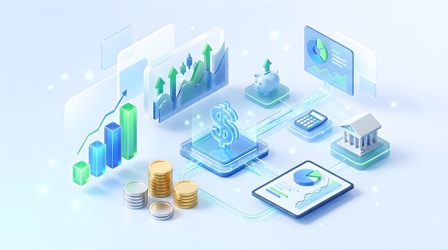 3D isometric financial management concept with charts coins and analytics