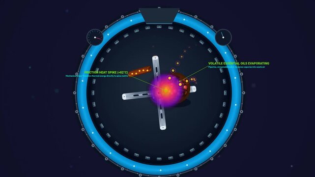 2D animation illustrating the scientific process of cryogenic spice grinding, showcasing liquid nitrogen flash-freezing, glass vitrification, and preservation of volatile essential oils for aroma