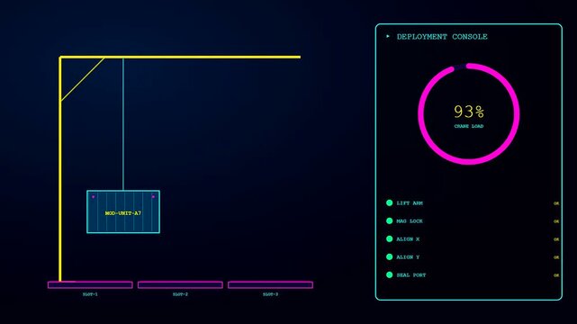 A modular datacenter interface displays a mechanical crane lifting digital cargo while the deployment console status updates from empty to locked through a progression sequence