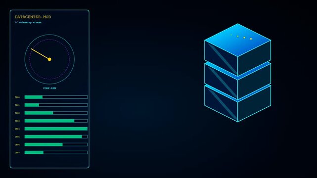 A modular datacenter interface features animated server racks with glowing indicators and shifting digital levels captured in a professional motion graphic design for modern software systems