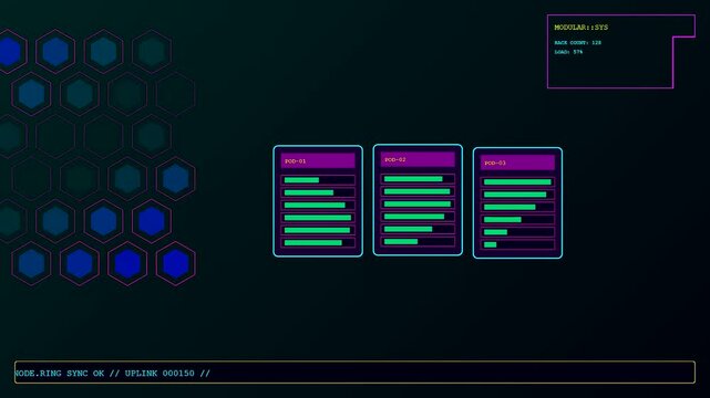 A modular datacenter interface displays animated progress bars within glowing hexagonal grids across three sequential screens featuring shifting status levels and flickering command line text logs
