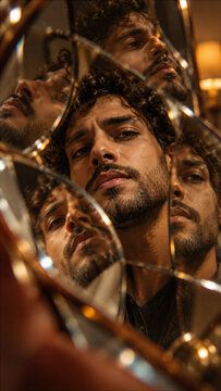 Man&rsquo;s portrait multiplied in shards of reflective glass