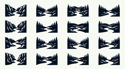 Fototapeta premium A grid of sixteen stylized landscape icons features rivers flowing through various natural settings like canyons and forests, rendered in a dark silhouette style.