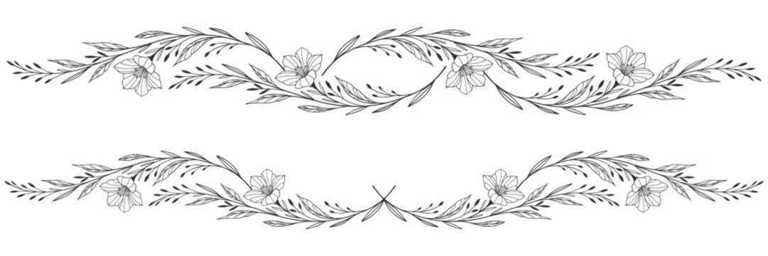 botanical branch in arcs form with flowers and leaves, intricate hand drawn vector eps