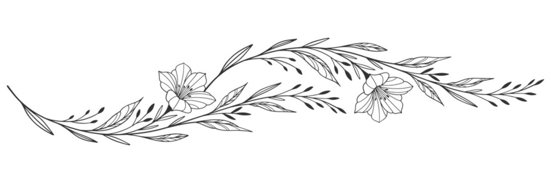 botanical branch in arcs form with flowers and leaves, intricate hand drawn vector eps