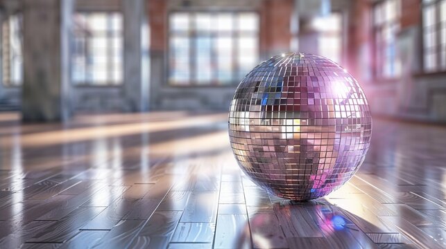 Rotating disco ball surrounded by dynamic geometric shapes in a vibrant atmosphere