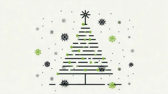 Minimalist christmas tree design with black lines and green snowflakes on white background
