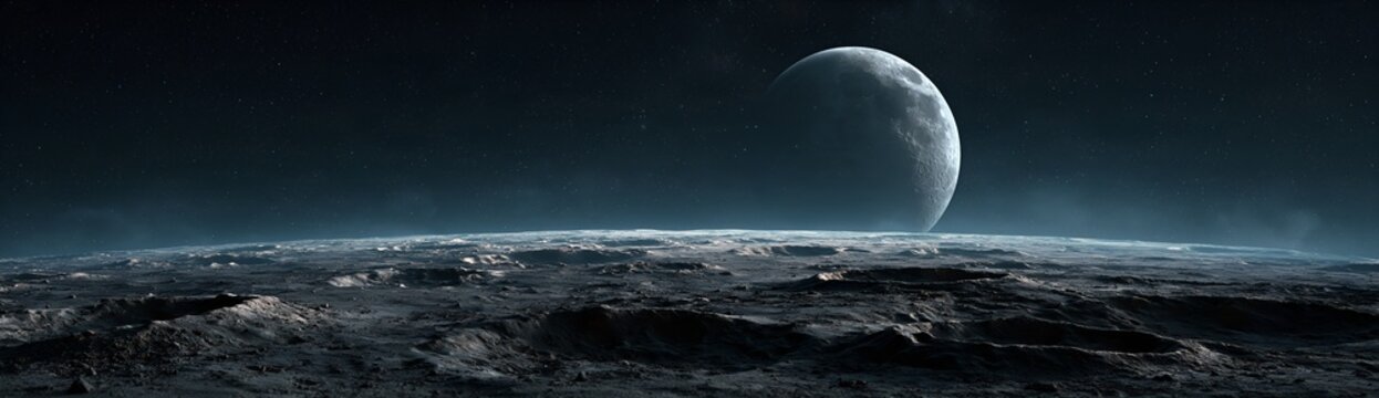 Distant moon hovers above dark, cratered planetary surface.