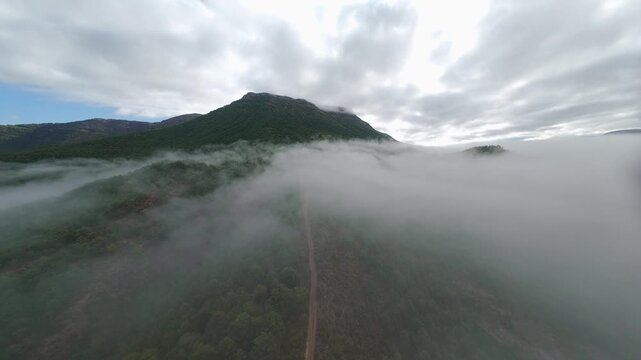 Atmospheric FPV flight above dense forest as low cloud and mist drift across a rounded mountain summit beneath an overcast sky