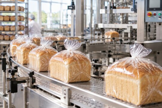 Modern automated bakery conveyor belt packaging freshly baked loaves of bread in transparent plastic bags, industrial food production line
