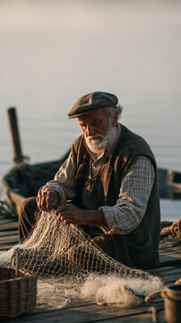 Old Fisherman Mending Net: An aged fisherman with a weathered face and a tweed cap sits on a wooden pier, diligently mending his fishing net with skilled hands. The soft.