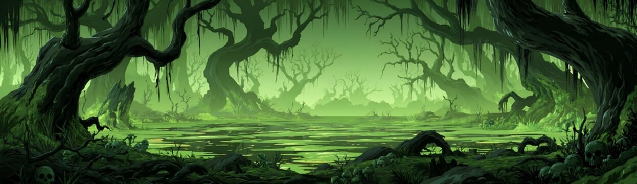Moss hangs from twisted, gnarled tree trunks.
