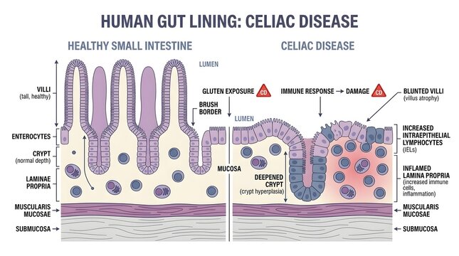 Medical illustration comparing healthy small intestine gut lining with celiac disease damaged villi.