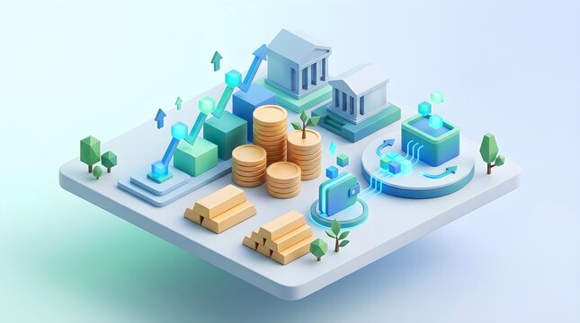 3D isometric banking and investment concept with gold bars coins wallet and growth chart