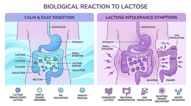 Infographic Diagram Showing Biological Reaction to Lactose with Digestion and Lactose Intolerance Symptoms.