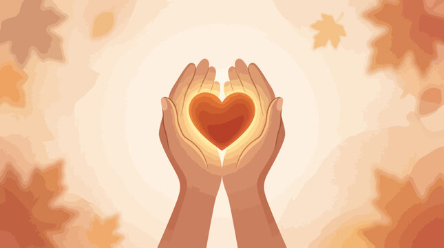 Hands holding a glowing red heart symbol during autumn season with falling leaves background.